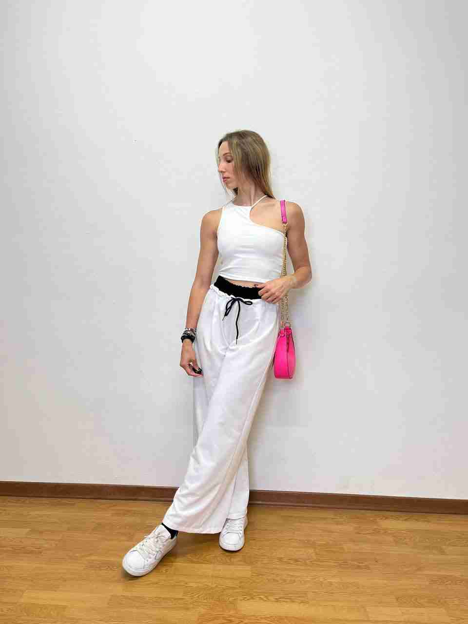 Pantaloni tuta a palazzo con fascia bicolore
